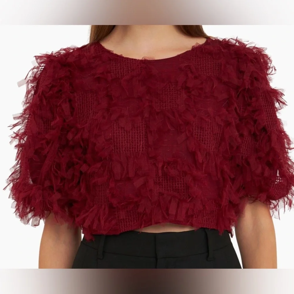 ENDLESS ROSE Gridded Mesh Feathered Cropped Top - Picture 2 of 9
